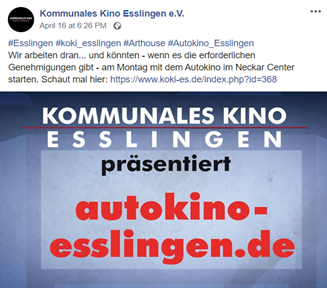 Facebook-Post des kommunalen Kinos Esslingen: Sie präsentieren ihr neues Programm. Autokino in Esslingen.